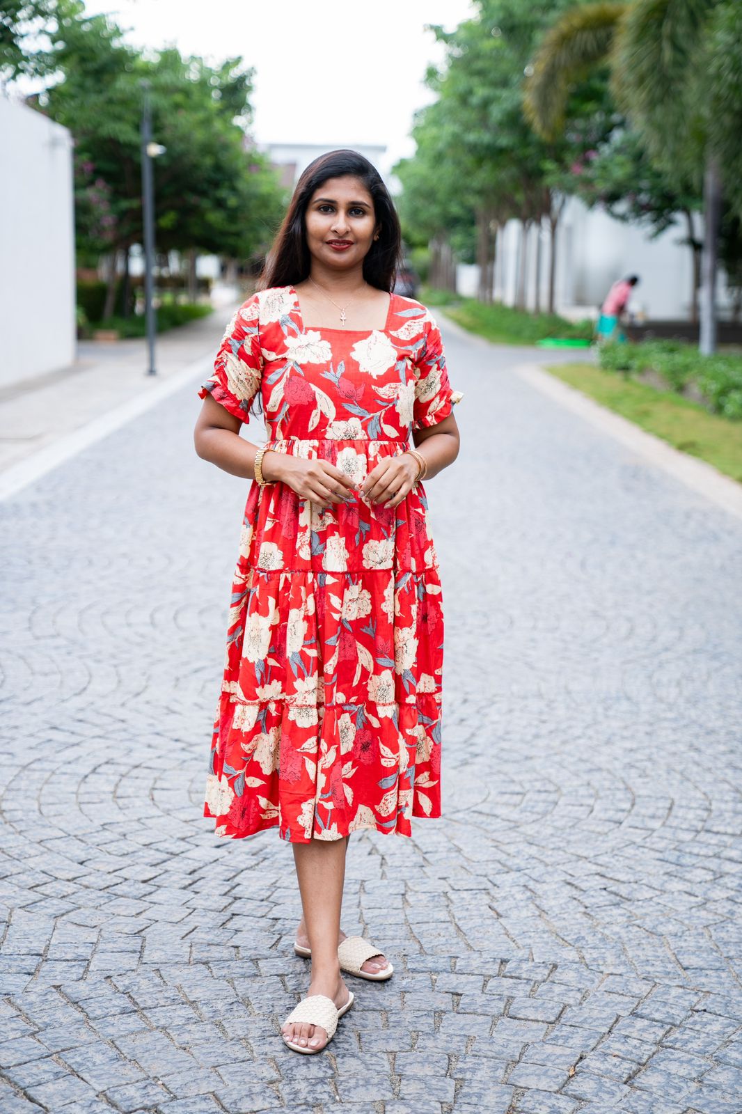 Red blossom cotton feeding maxi