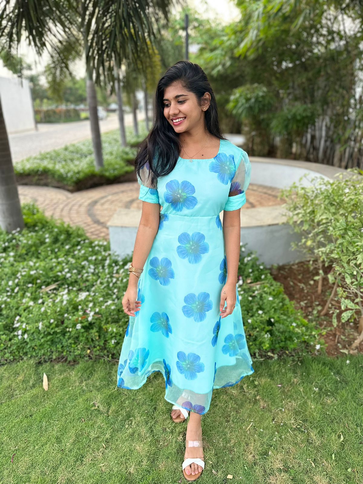 Blue flower organza maxi