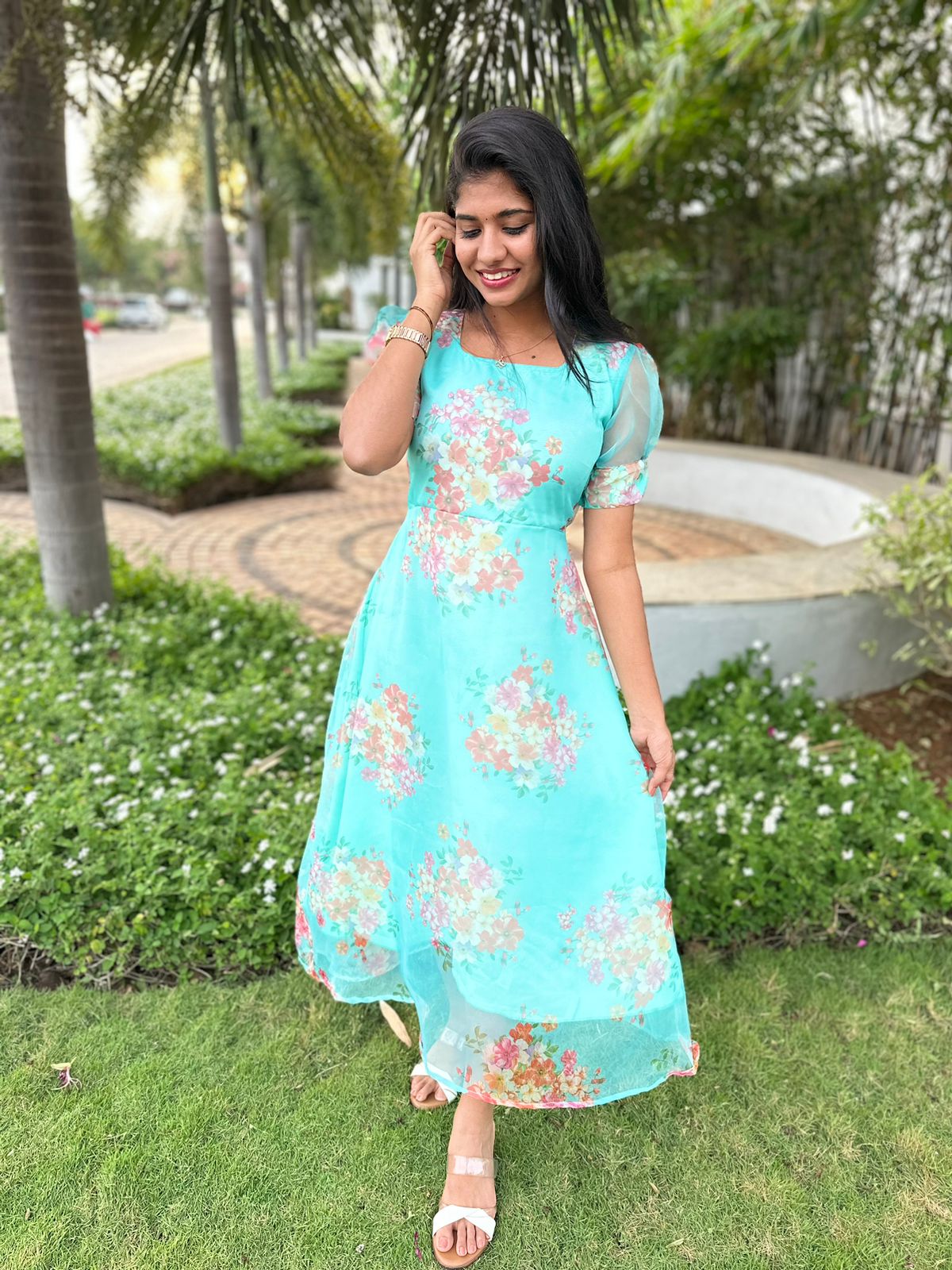 Pink flower organza maxi