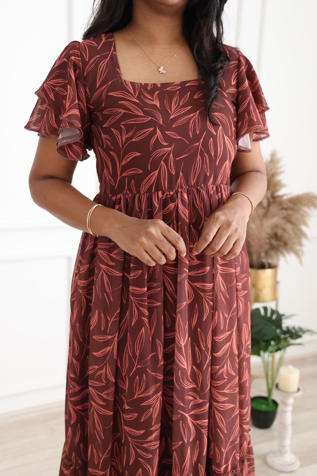 Brown leaf georgette maxi