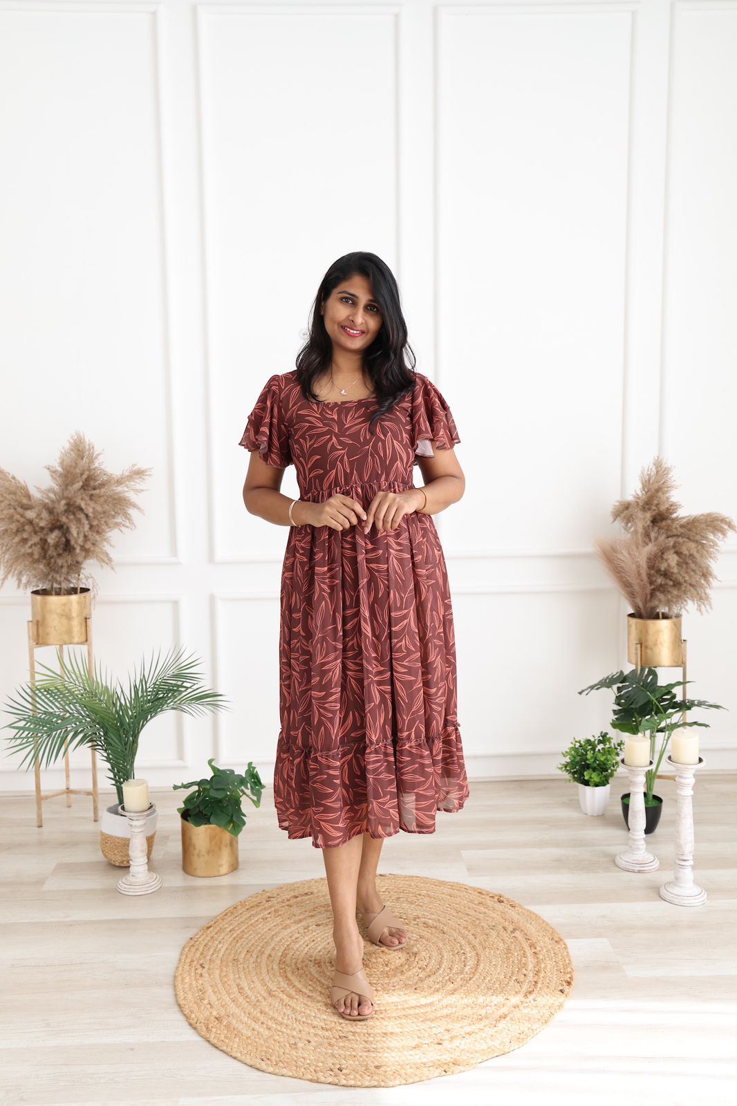 Brown leaf georgette maxi