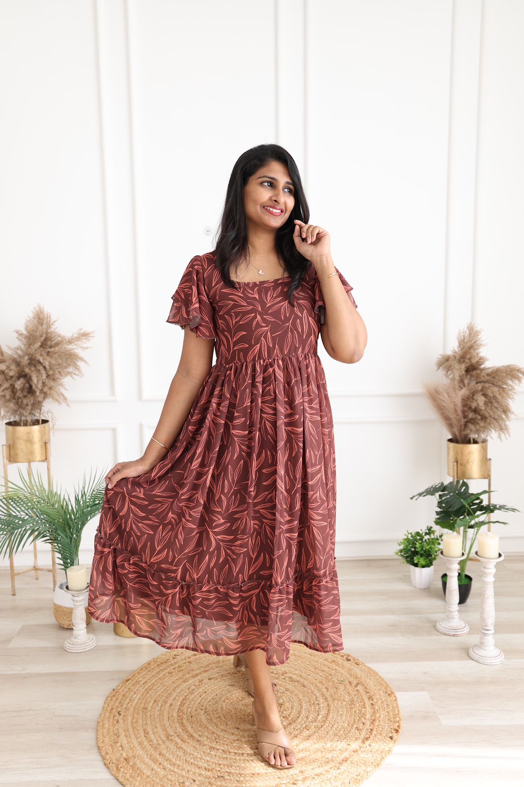 Brown leaf georgette maxi