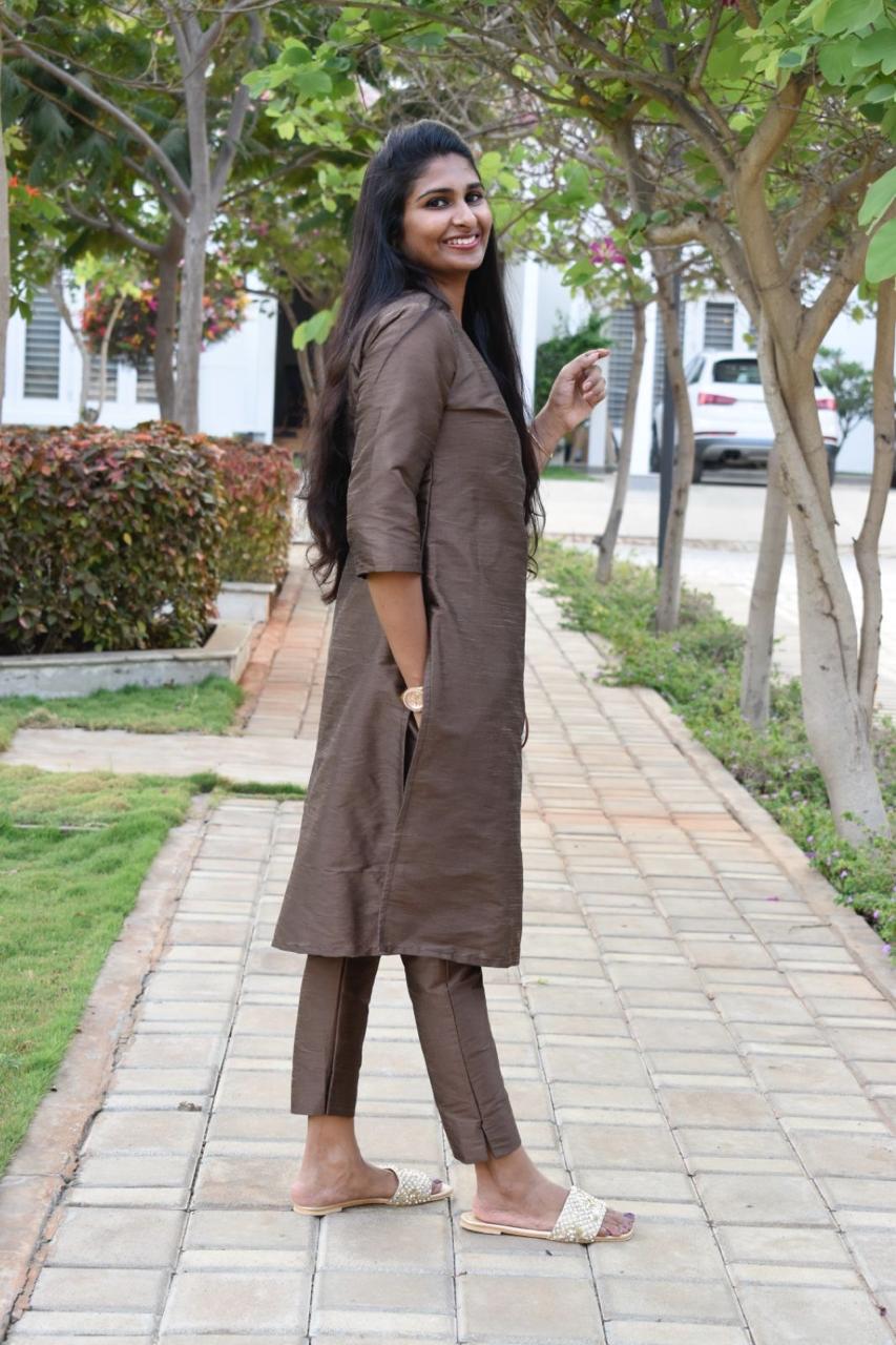Semi silk brown kurti set