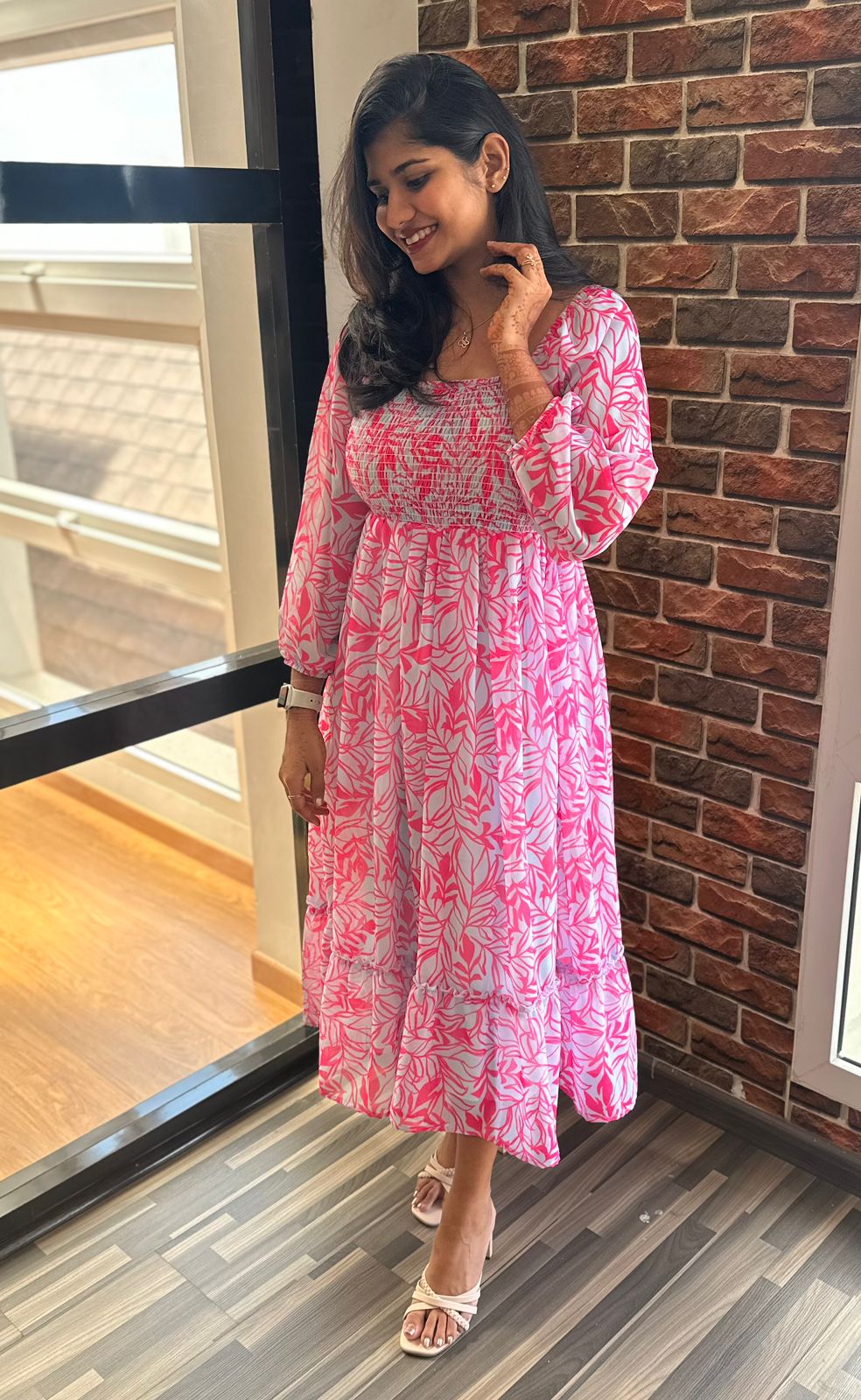 Smocked abstract georgette maxi