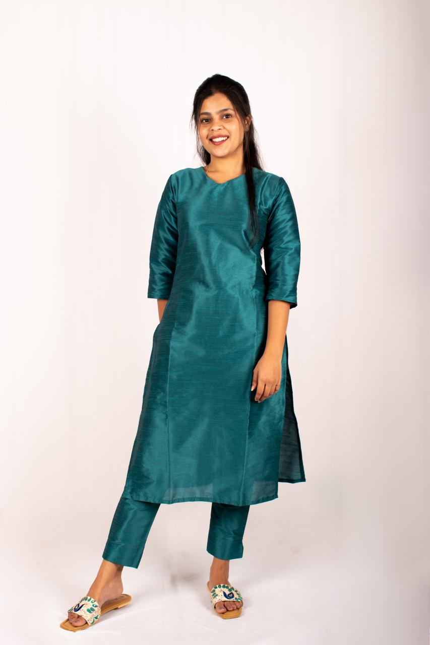 Semi silk peacock kurti set