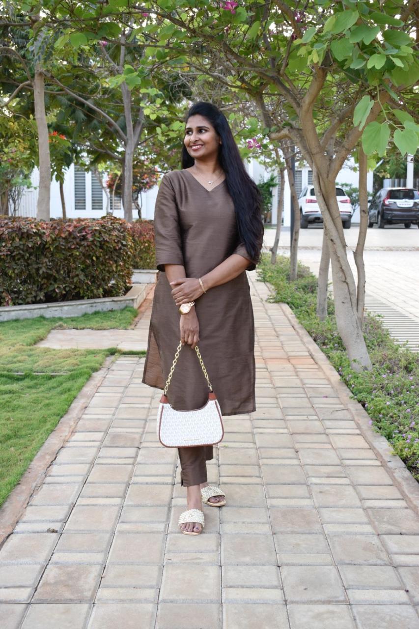 Semi silk brown kurti set