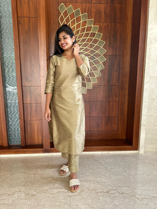 Semi silk gold kurti set