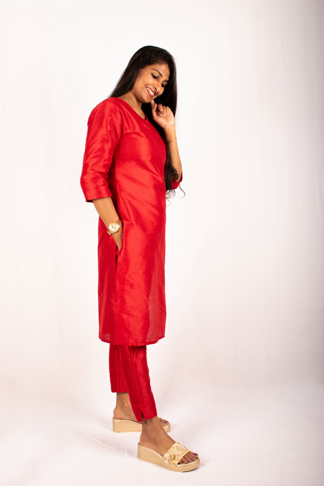 Semi silk red kurti set