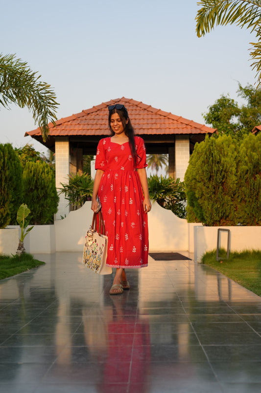 Red embroidery cotton maxi